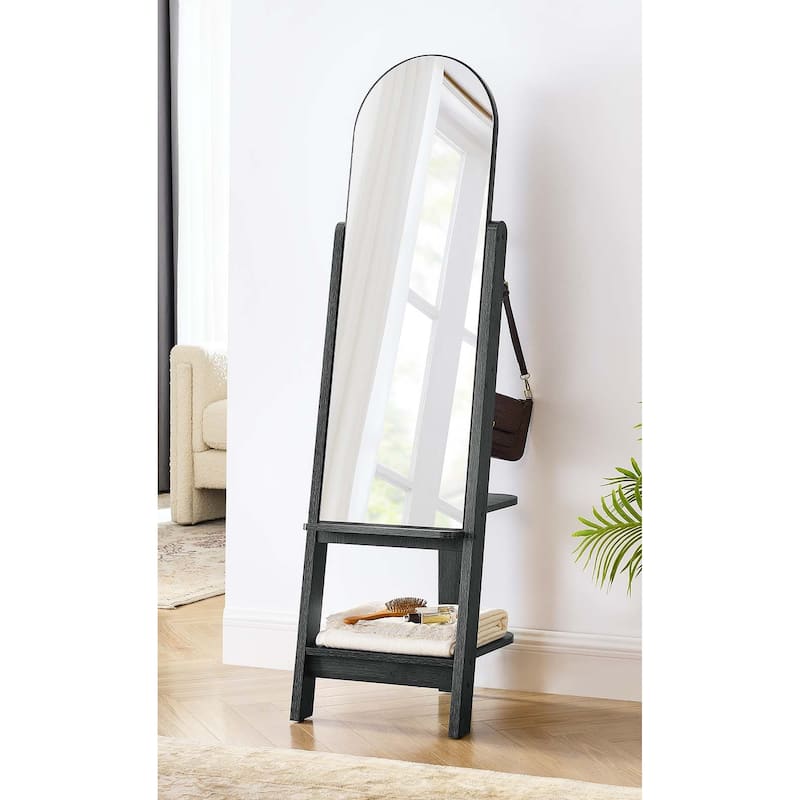 Lewis Modern Black Wooden Standing Arched Mirror with Shelf and Hooks