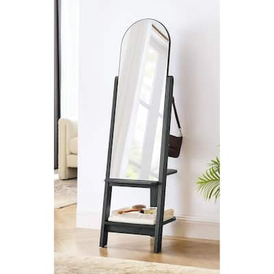 Lewis Modern Black Wooden Standing Arched Mirror with Shelf and Hooks