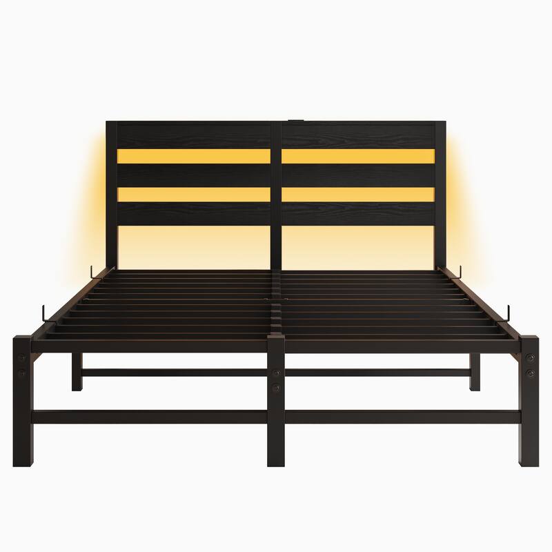 Modern Metal Bed with Wooden Headboard, RGB Lights & Storage Shelf