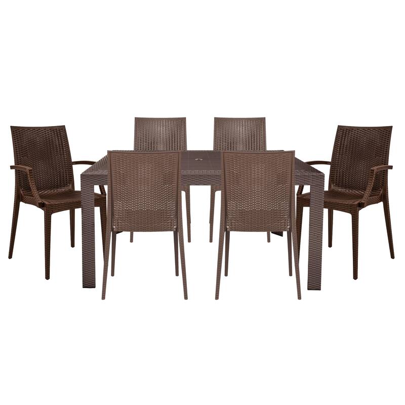 LeisureMod Mace 7-Piece Outdoor Dining Set with 4 Chairs 2 Arm Chairs - 28" - Brown