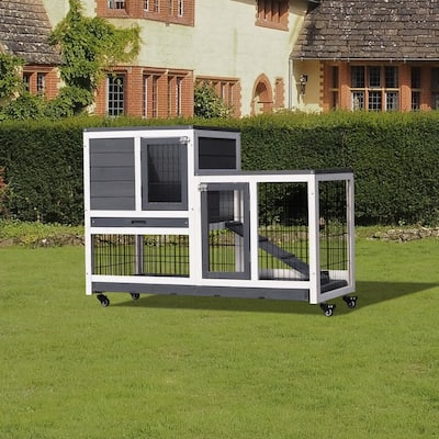 Chicken Coop Rabbit Hutch Outdoor Bunny Cage Rabbit Cage with Removable Tray, Wheels, Enclosed Run and Ramp