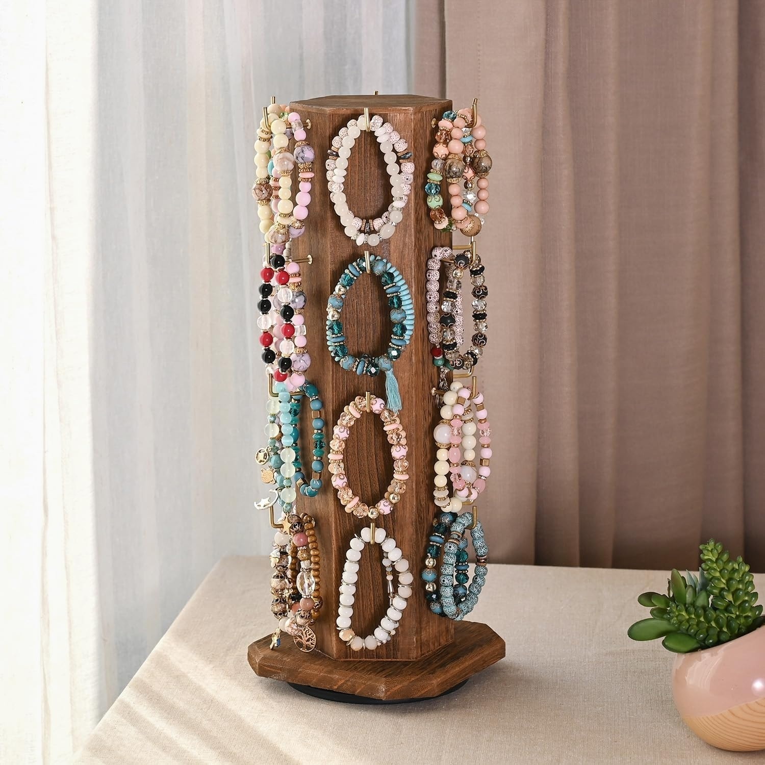 パワーストーン材 【jewelrypillow］2セット 24 Hooks Wood Hexagon 6 Sided Rotating Jewelry Tower - S - On Sale