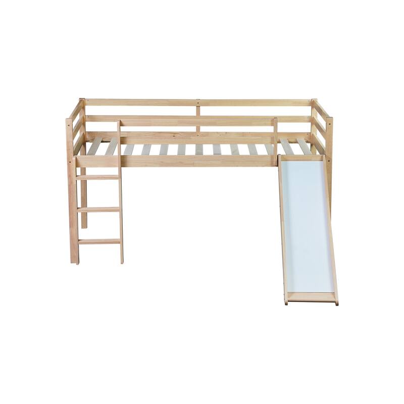Twin Low Loft Bed with Slide, Ladder, and Storage Space, Rubber Wood Construction with High Guardrails for Safety