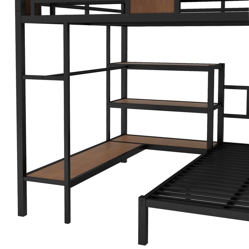 Queen-over-Twin Metal Bunk Bed with Upper Storage Area, Lower Shelves and Hangers