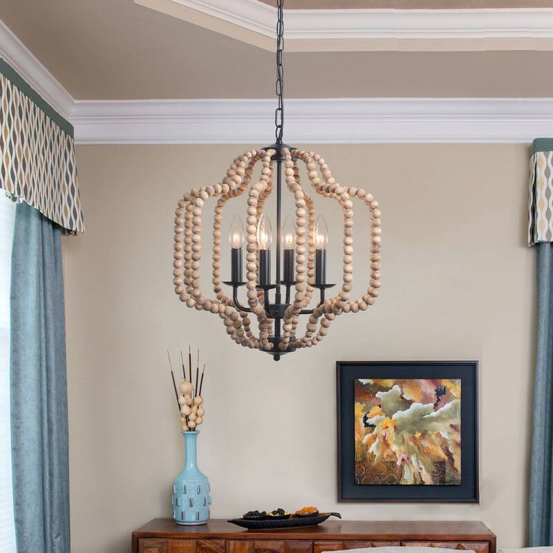 OYIPRO 4-Light Farmhouse Geometric Chandelier with Wood Beads - Brown