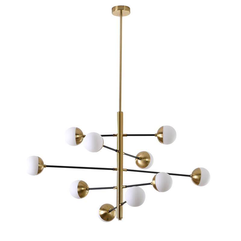 10-Light Brass And Black Chandelier With Glass Shades