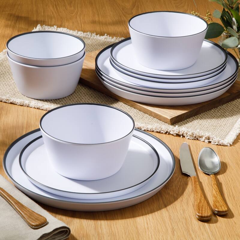 Gibson Home Folsom Shores 12 Piece Unbreakable Modern Melamine Plates and Bowls Dinnerware Set - White W/ Black Rim
