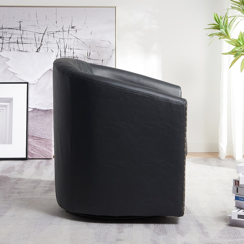 KINWELL 29" Wide Tufted PU Leather Swivel Barrel Chair