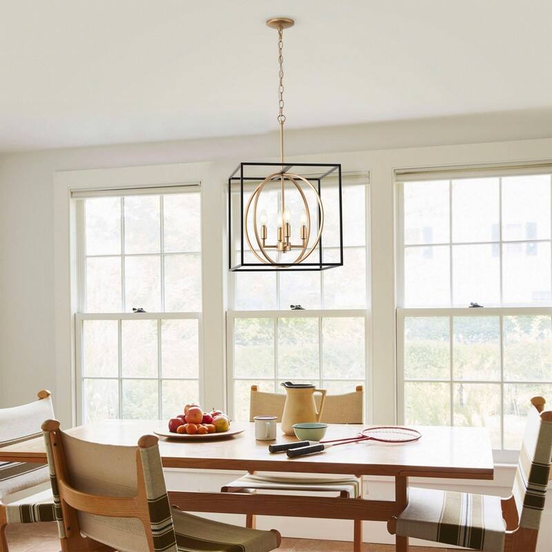 Industrial 4-Light Cube Pendant Chandelier with Matte Black and Gold Finish