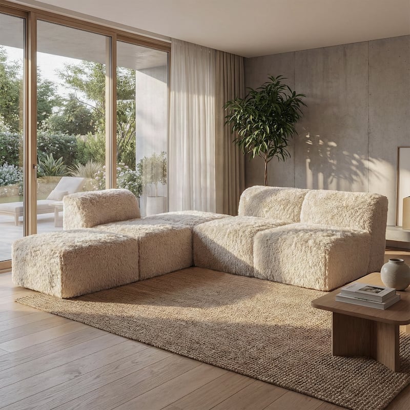 Furniture of America Ylena Modern 5-Piece Faux Fur Foam Modular Armless Compressed Sectional Sofa with Ottoman - Sand