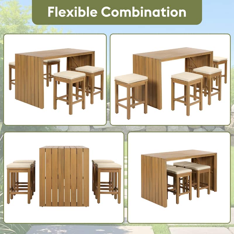 5-Piece Acacia Wood Outdoor Bar Set Bar Height Table 4 Stools with Cushions