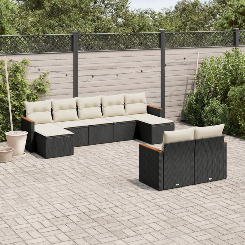 vidaXL Patio Sofa Set with Cushions Outdoor Conversation Furniture Poly Rattan - 21.7 x 21.7 x 14.6 in - Black and cream without table