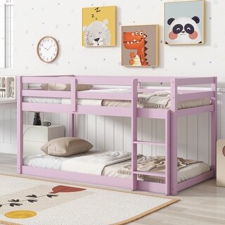 Pink Twin Size Wood Loft Bed with Ladder and Fence for Kids