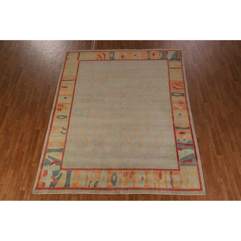 Hand Knotted Oriental 100% Wool Carpet Transitional Geometric Beige & Ivories Oushak Area Rug - 9' 1'' X 8' 0''