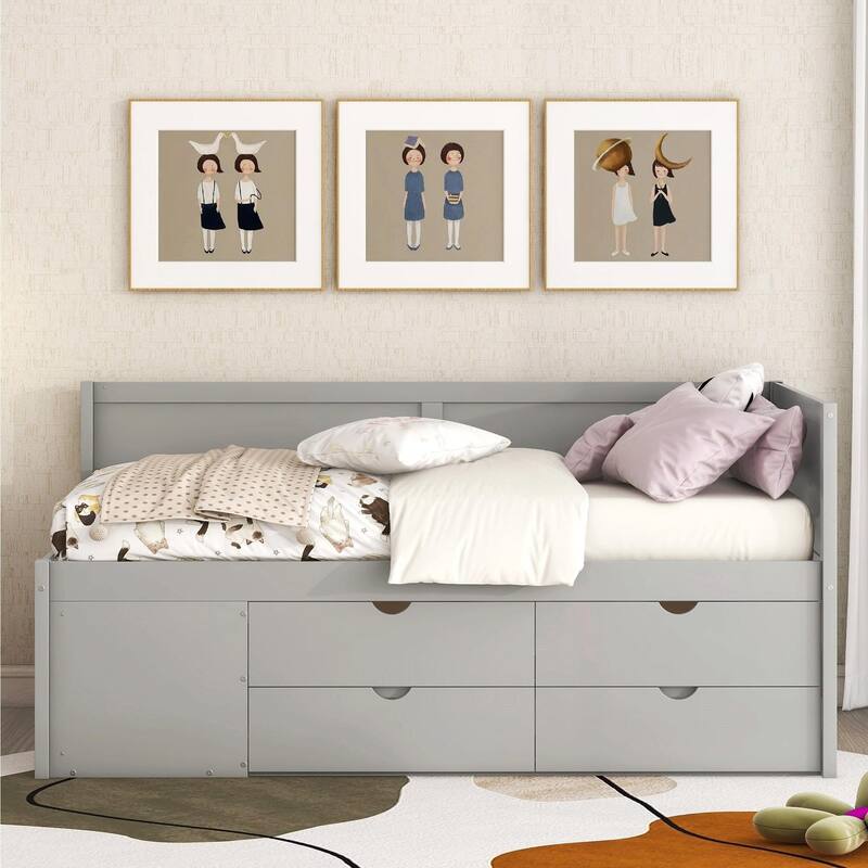 Daybed with Storage Drawers and Shelves - Grey - Twin