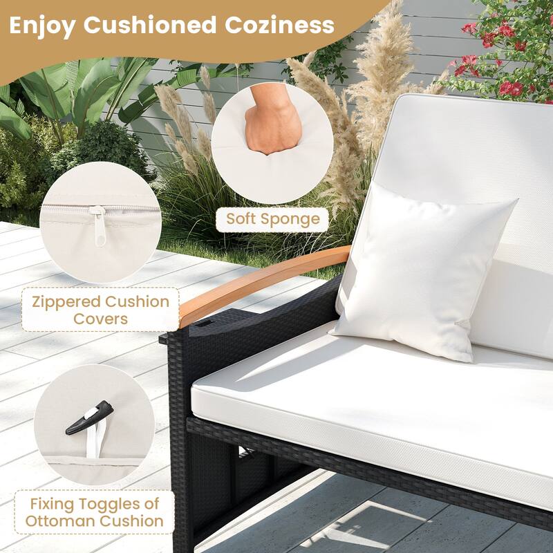 Gymax Patio Rattan Daybed Set w/Cushioned Loveseat & Storage Ottoman