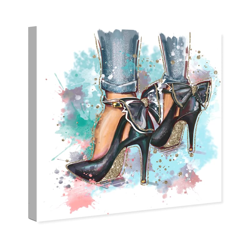 Wynwood Studio Fashion and Glam Pastel Glam Heels Blue and Metallic Gold Glam Wall Art Canvas Print