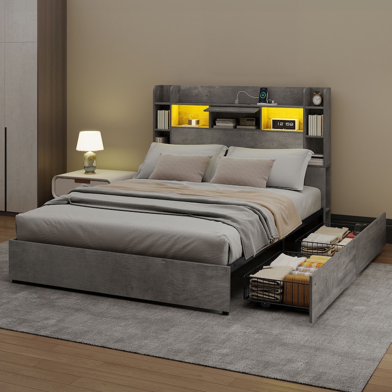 Moasis Queen/King Size Bed Frame with Bookcase Headboard and 4 Storage Drawers