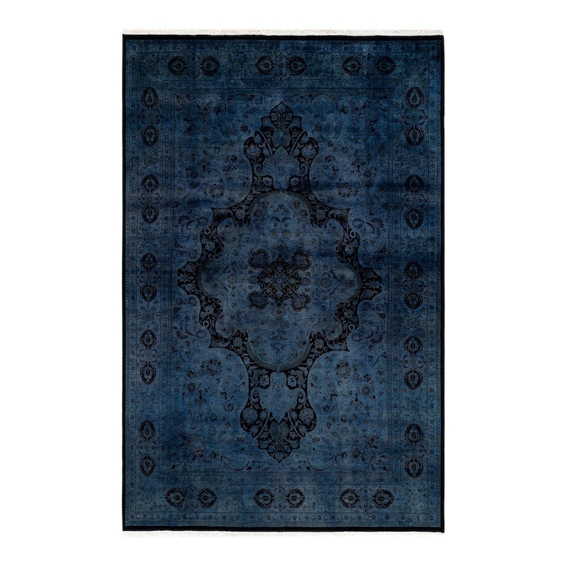 Overton Hand Knotted Wool Vintage Inspired Modern Contemporary Overdyed Blue Area Rug - 6' 1" x 9' 3"