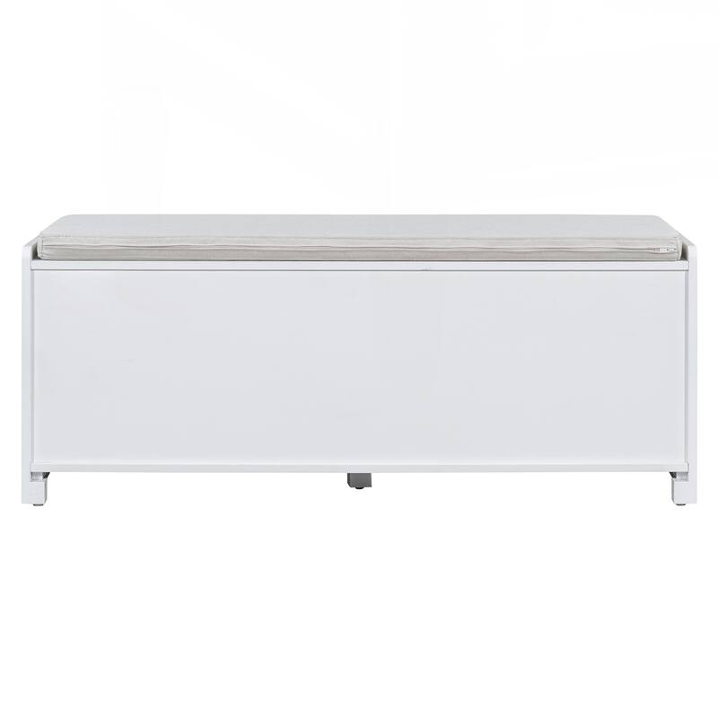 Rustic Storage Bench Multifunctional Wood Entryway Shoe Bench with Removable Cushion, Woven Rattan Doors & Adjustable Shelves