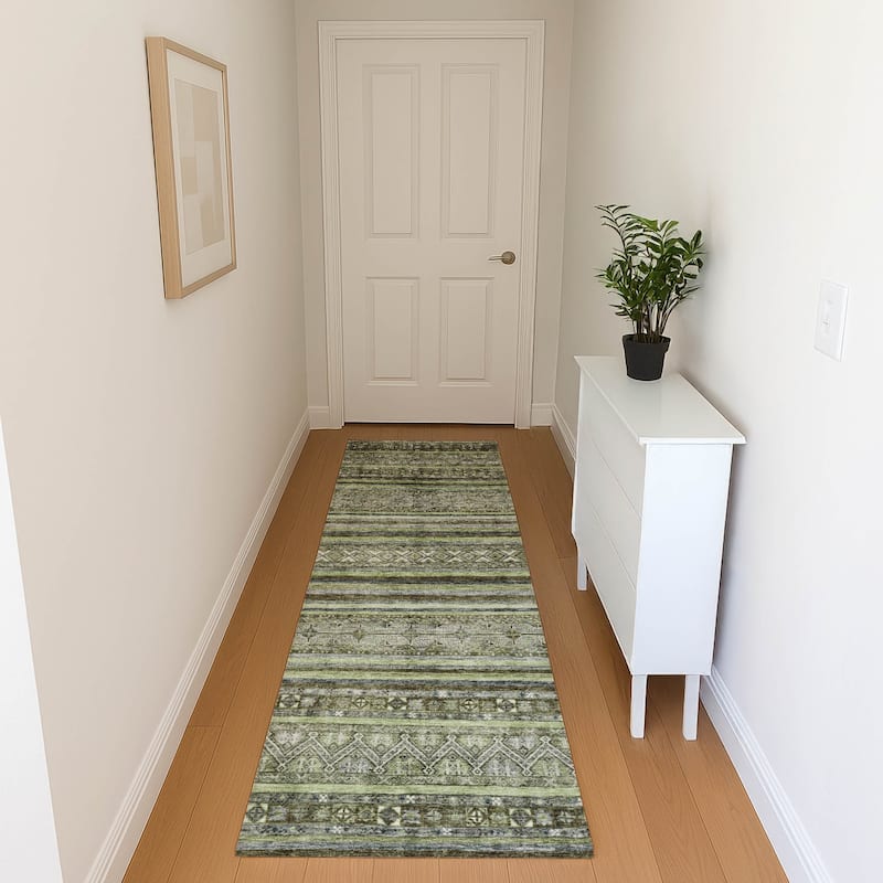 Premium Washable Super Soft Boho Stripes Mayfield Rug - Olive - 2'3" x 7'6"
