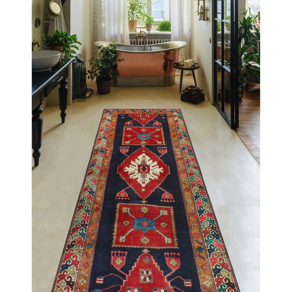 Fine Vintage Distressed Panya Navy/Red Runner - 4'0" x 9'9"