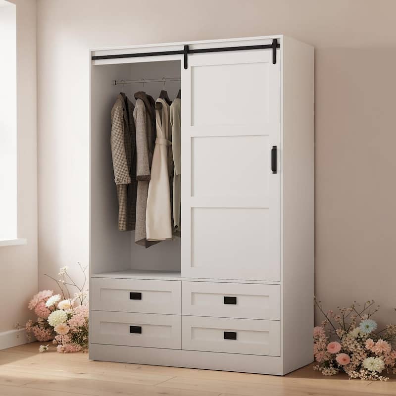 Tall Armoire Wardrobe Closet with Hanging Rod Barn Door 4 Drawers and 3 Open Shelves MDF Bedroom Storage Cabinet