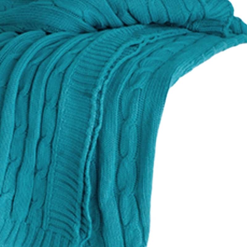 HomeRoots 50" X 60" Teal Blue Cotton Cable Knitted Striped Throw Blanket