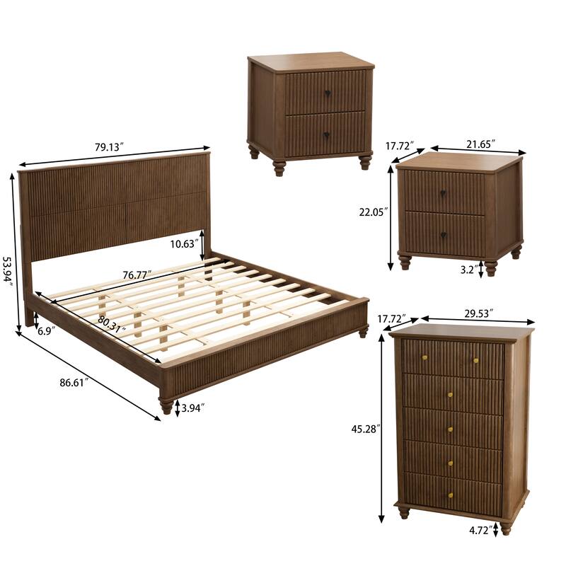 Bedroom Set with Wooden Platform Bed and Nightstands