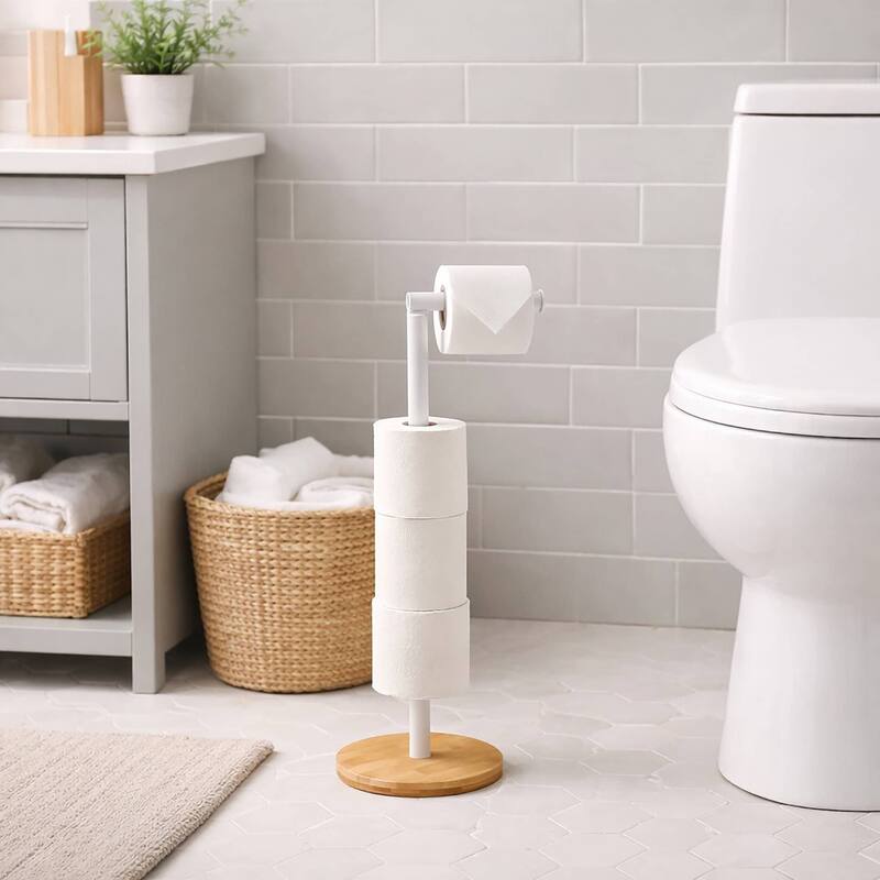 Freestanding Toilet Paper Holder Stand with Bamboo Base