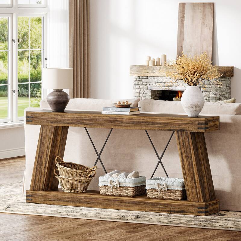 70.9” Farmhouse Console Table, Brown Entryway Table with Storage - Large - Light Brown