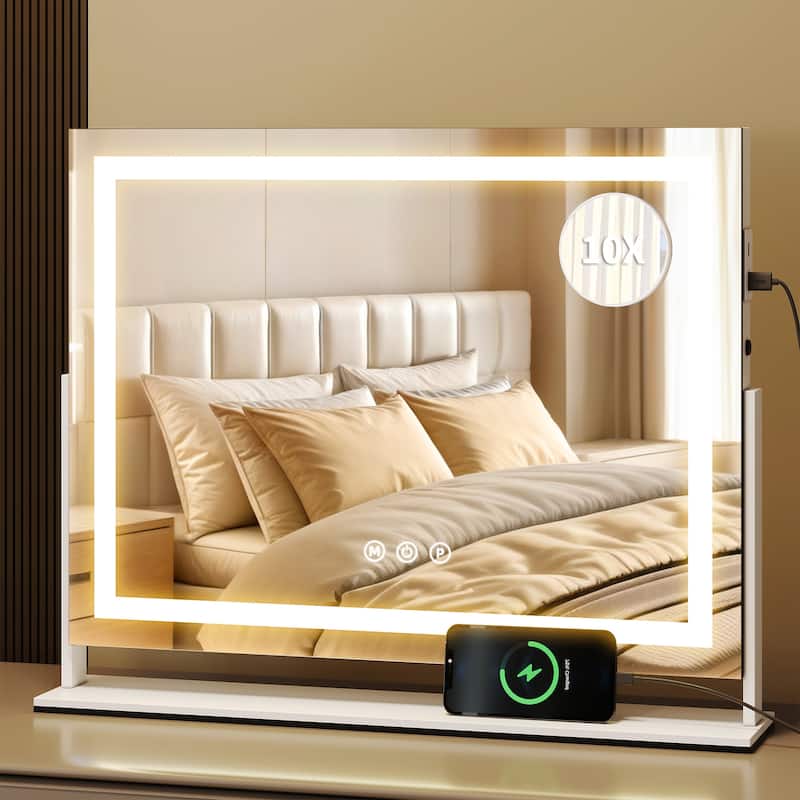 Moasis Makeup Vanity Mirror with LED Light, USB Charging Port 10X Magnification Mirrors with Bluetooth Speaker - White