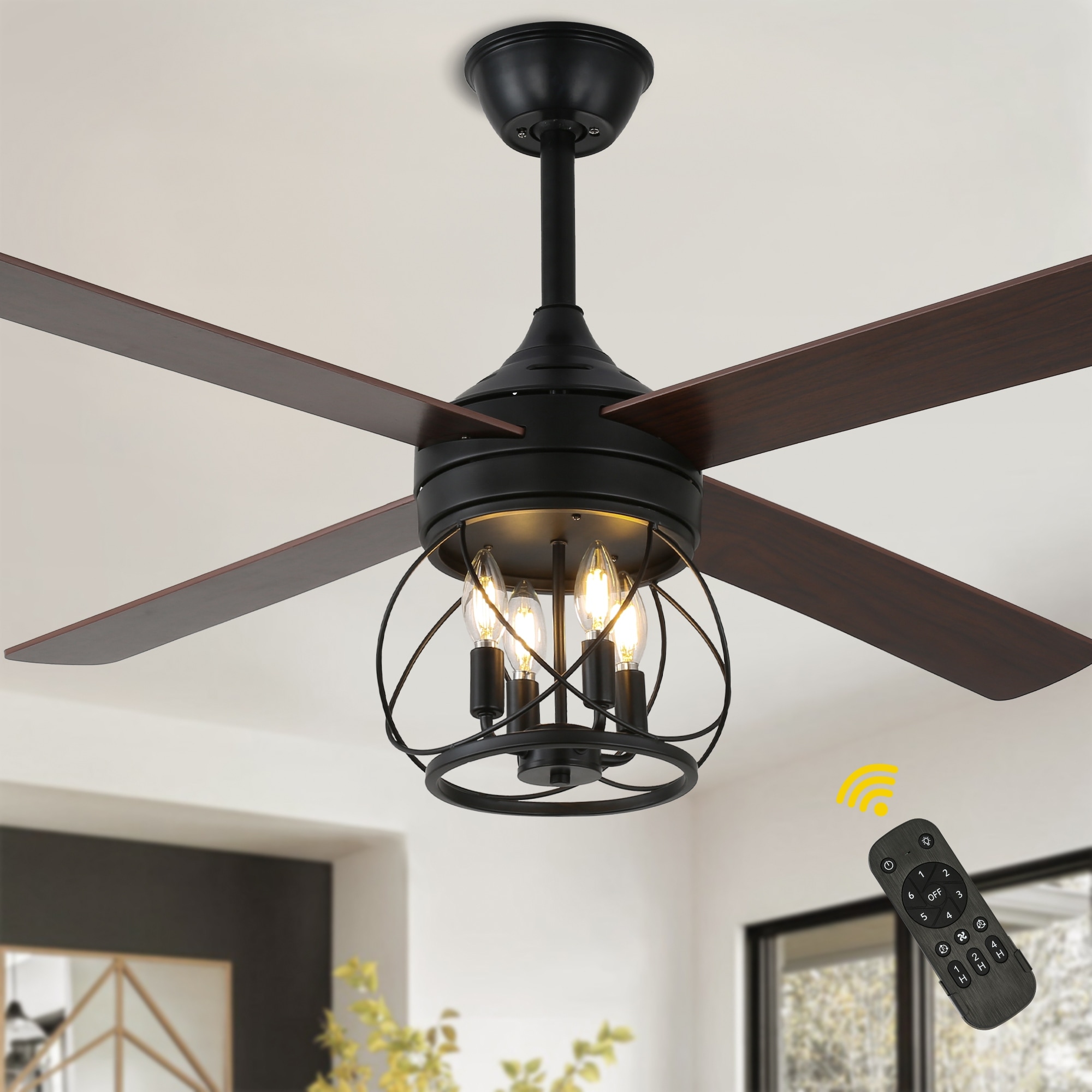 Bella Depot 52" Rustic Caged Ceiling Fan with Light and Remote 6-Speed Reversible Fan for Living Room - 52 Inches