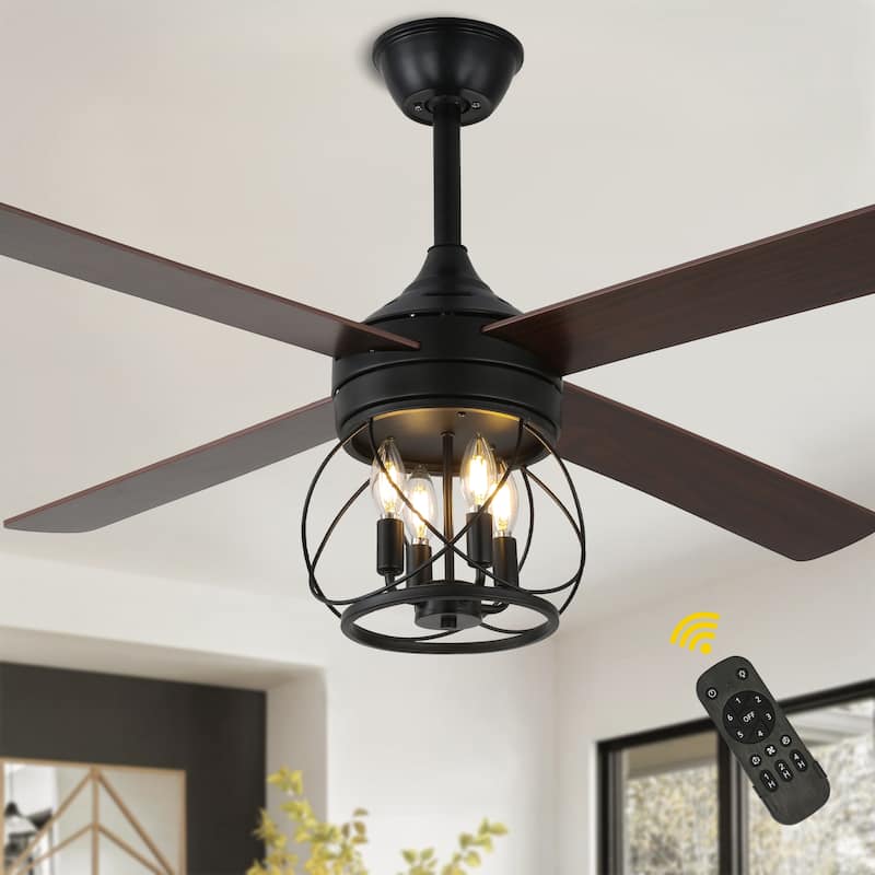Bella Depot 52" Farmhouse Wood Ceiling Fan with Remote and Light, 6-Speed Indutrial Chandelier - 52 Inches - Black