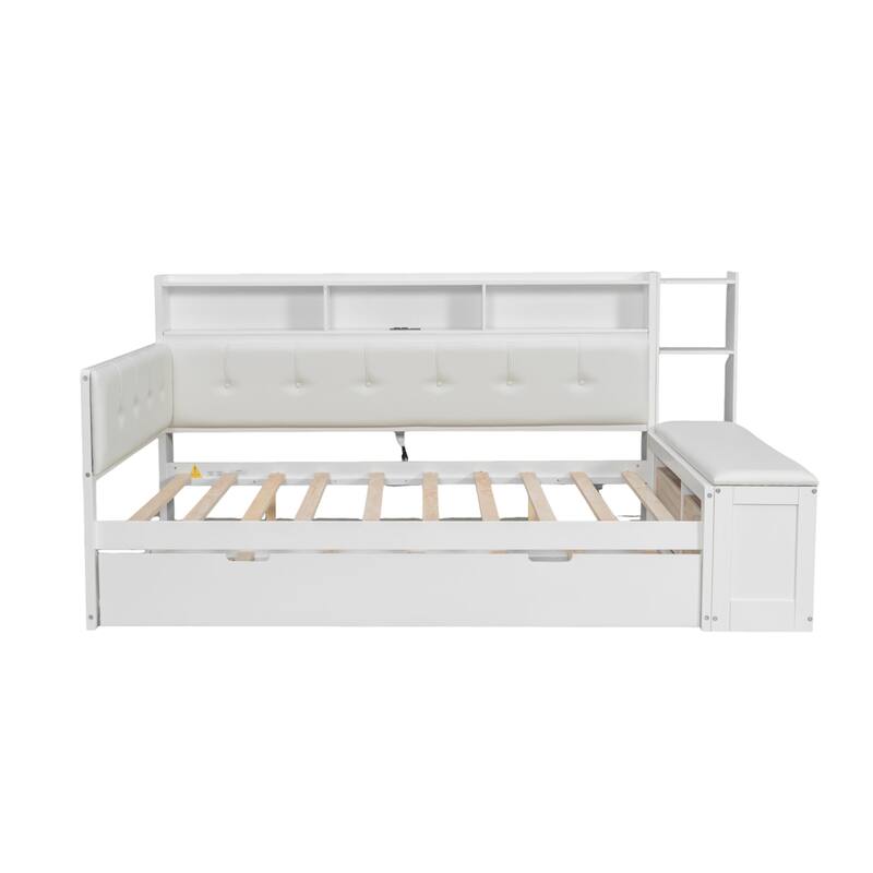 GDFStudio - Modern Wooden Full Size Daybed with Trundle, Bench Storage and Charging Station