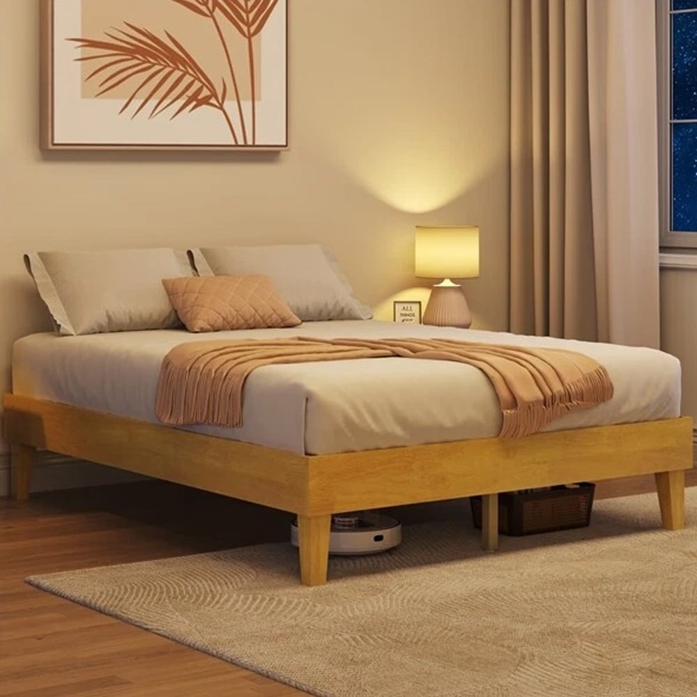 Wood Bed Frame Plywood Slats Underbed Space Natural Wood Finish Queen