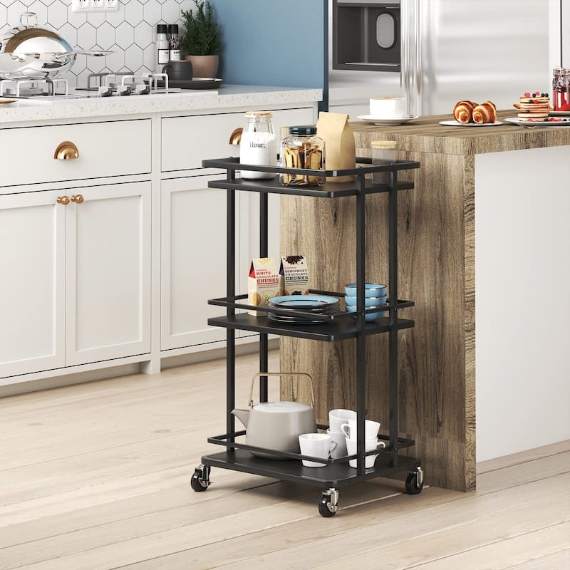 3-Tier Rolling Serving Bar Cart, Wood and Metal Kitchen Island Storage Cart with Wheels, Multifunction Utility Drink Cart