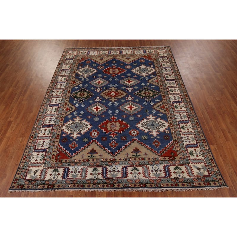 Blue Geometric Kazak Oriental Area Rug Handmade Wool Carpet - 8'0" x 9'11"