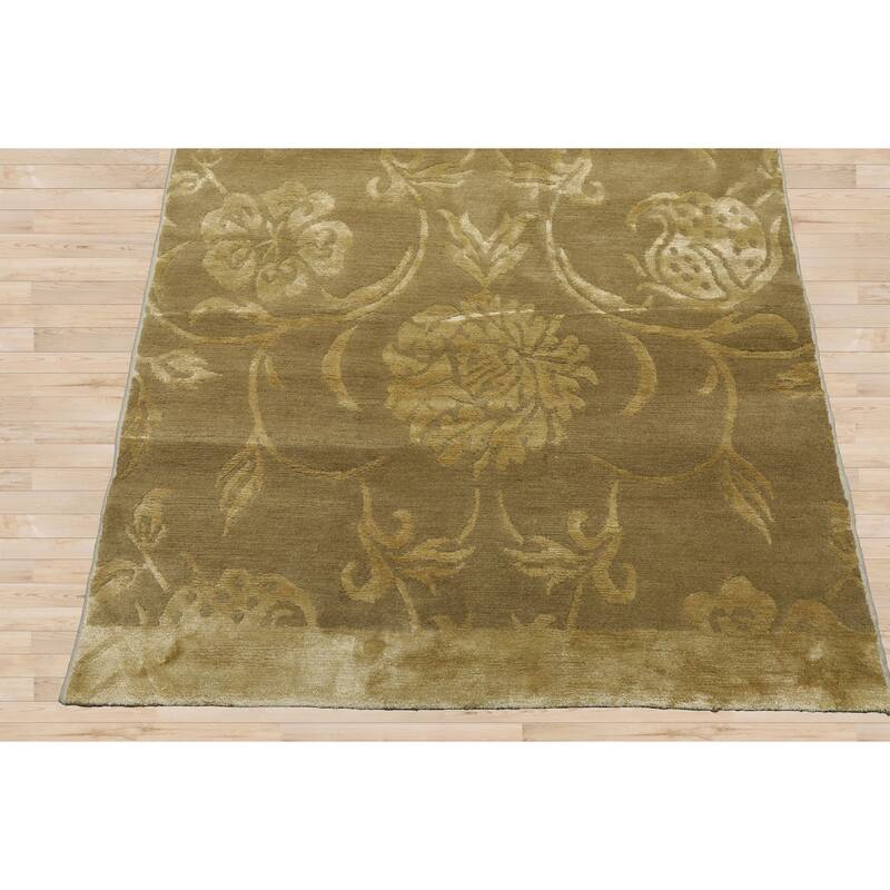 Tone on Tone Green Hand Knotted Botanical Tibetan Rug 2'11"x11'10" - 2' 11'' x 11' 10''