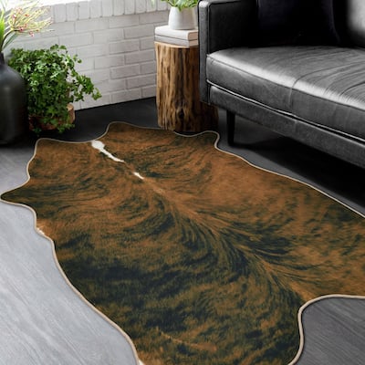 HR Print Non-Slip Faux Cowhide Brown Area Rug for Cabin and Lodge