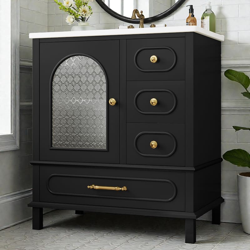 30" Bathroom Vanity with Sink, Freestanding Wood Cabinet with 3 Drawers and Semi-Transparent Door, Single Vanity