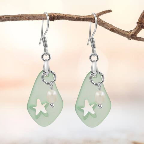 Mint Green Sea Glass and Freshwater Pearl Dangle Earrings