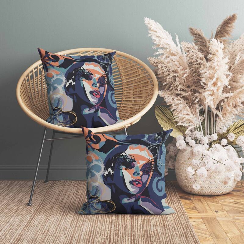 Face Pop Art Faux Suede Reversible Throw Pillow Blue and Orange
