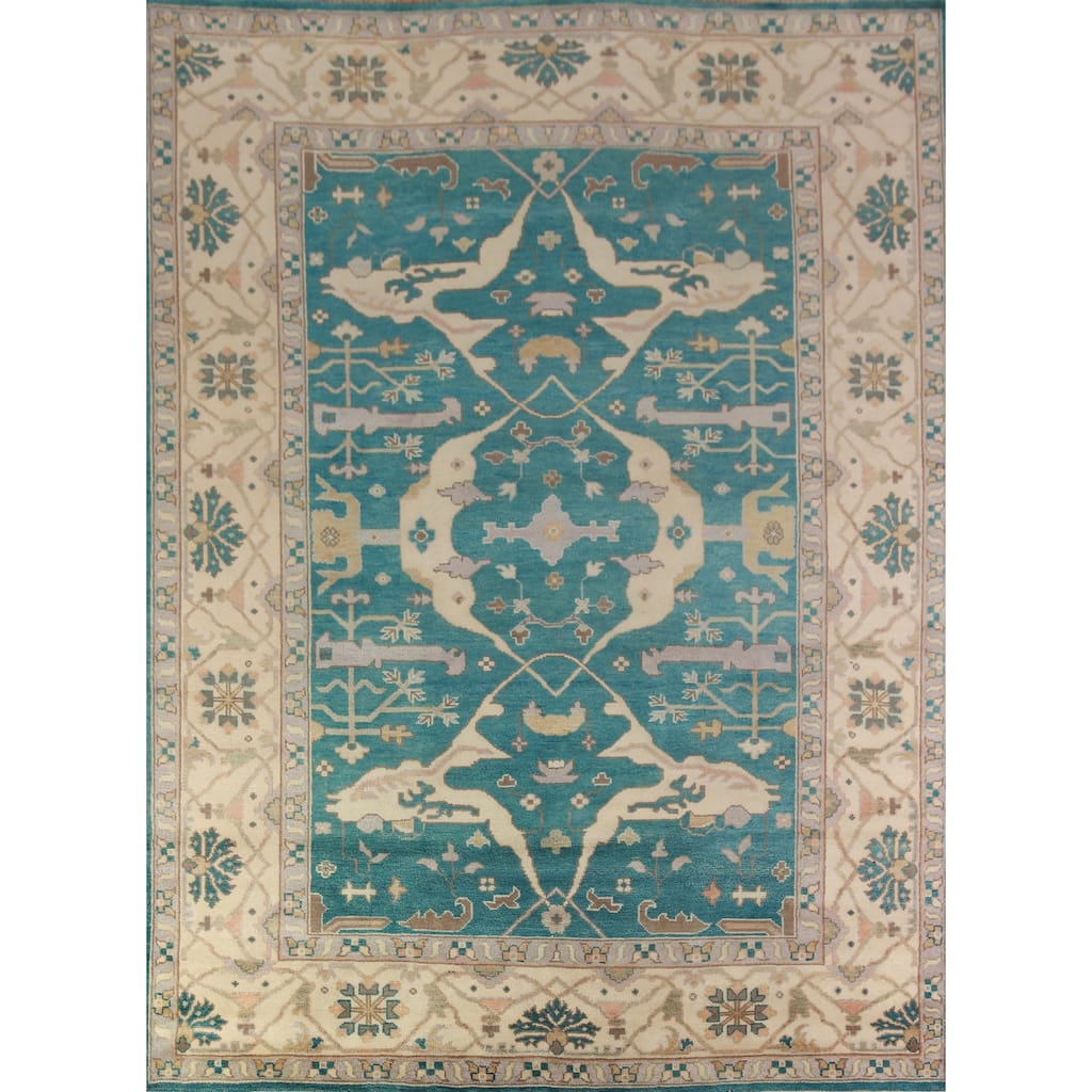 Teal Blue Oushak Indian Area Rug Hand-Knotted Wool Carpet - 9'2" x 11'11"