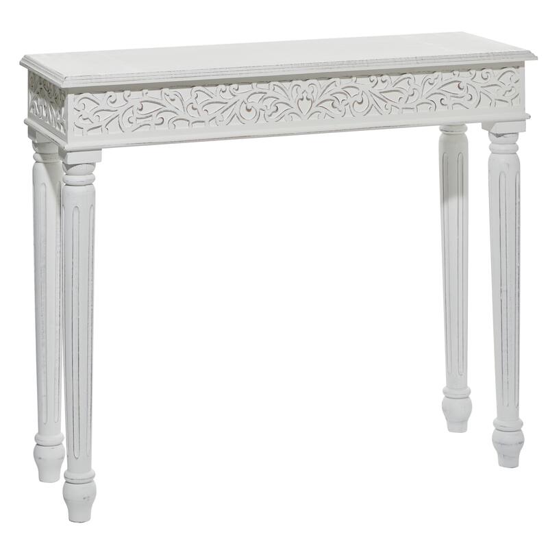 Wood Scroll Intricately Carved Slim Console Table with Turned Legs - White or Gray - Roche River Decor - White