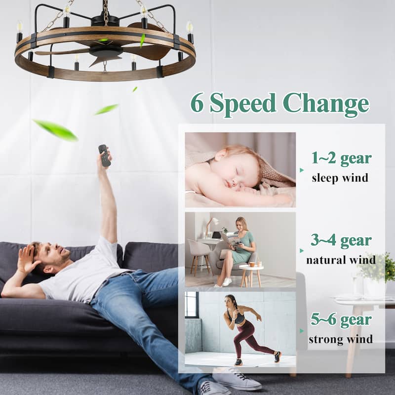 Cusp Barn 36 Inch Rustic Wagon Wheel Ceiling Fan with Light and Remote, Industrial 6 Speeds Fandelier Ceiling Fan for Bedroom