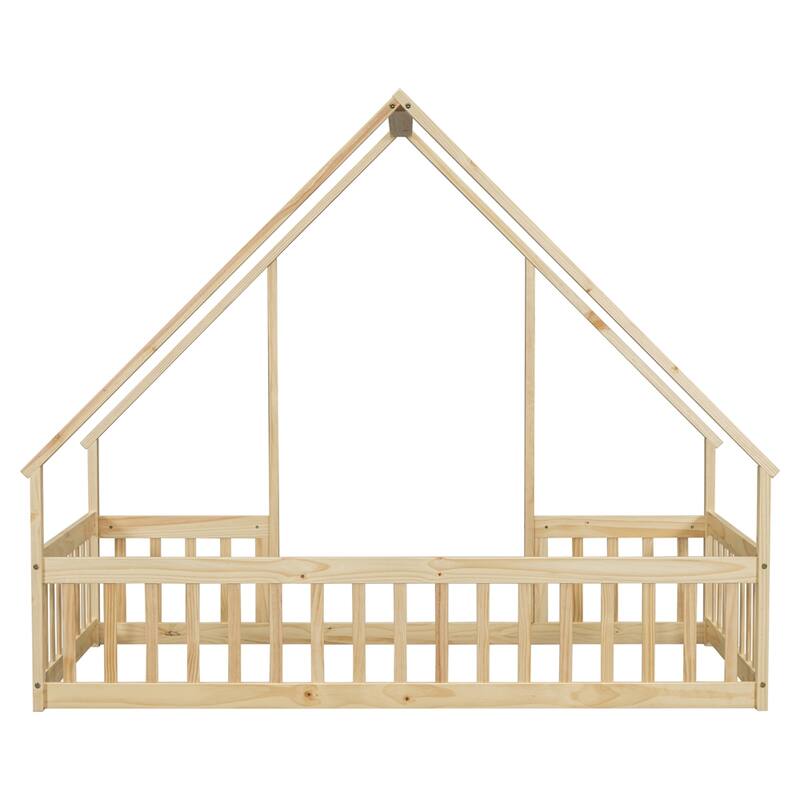 Twin Size Wood House Floor Bed with Fence and Guardrails