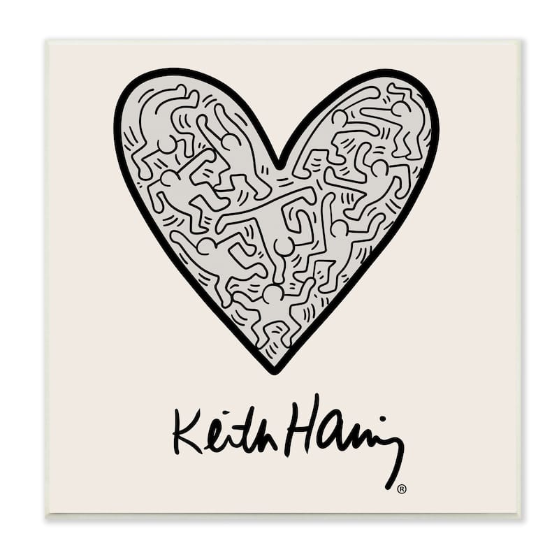 Stupell Keith Haring People Inside Heart Pattern Text Wood Wall Art - Black - 12 x 12
