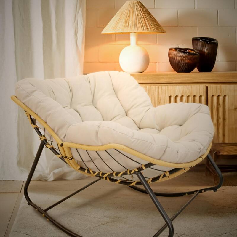Modern Outdoor Egg Rattan Wicker Rocking Chair - Beige
