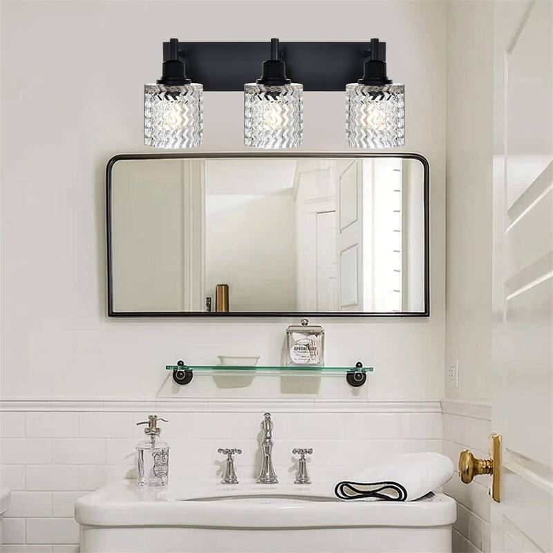 3-Light Industrial Black Wall Sconce with Hammered Glass Shades - Black